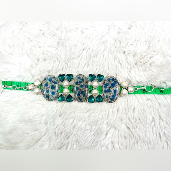 Azurite K2 Pearl Apatite 925 Large Gemstone Bracelet - Picture 5 of 6